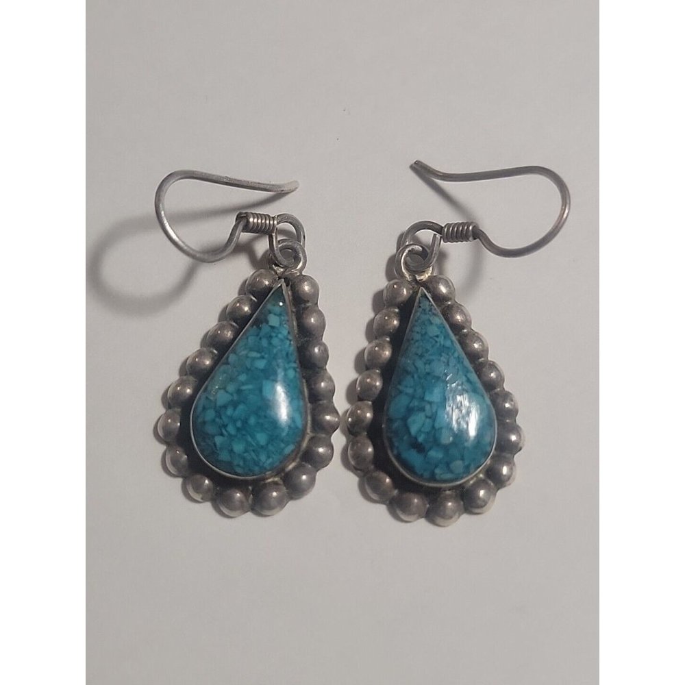 Sterling Silver Mexican 925 Turquoise Chip Earrings Teardrop Mex M2-19 Signed